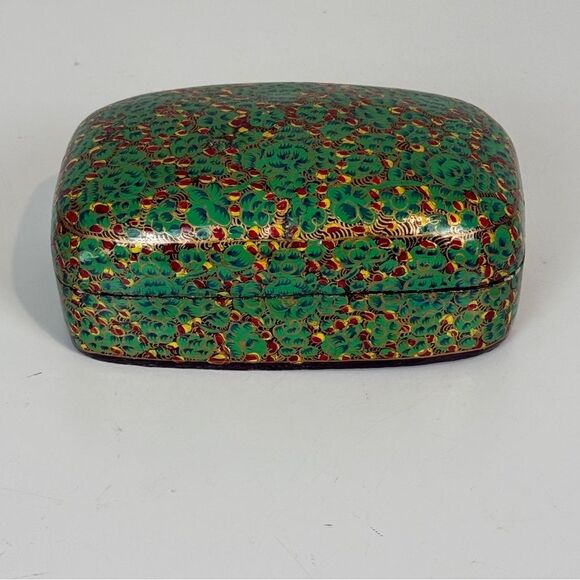 Vintage Hand-painted Paper Mache Trinket Box India Green Floral - Picture 3 of 10